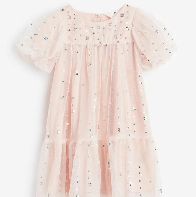 Sequined Tulle Dress with Balloon Sleeves
