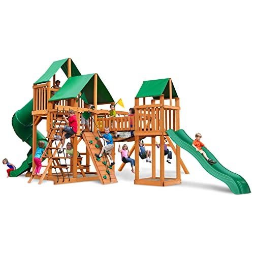 Treasure Trove I Wood Swing Set with Green Vinyl Canopy
