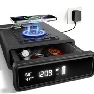 Smart Biometric Safe with Wireless Charging for Phone & Watch, 3 Access Methods to Unlock, Nightstand Drawer Safe LED Display with Humidity & Temperature Monitoring, Stopbox for...